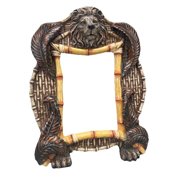 VTG Faux Bamboo Picture Frame Lion Head & Tropical Leaves 3 X 4 Photo Tabletop - Picture 1 of 4